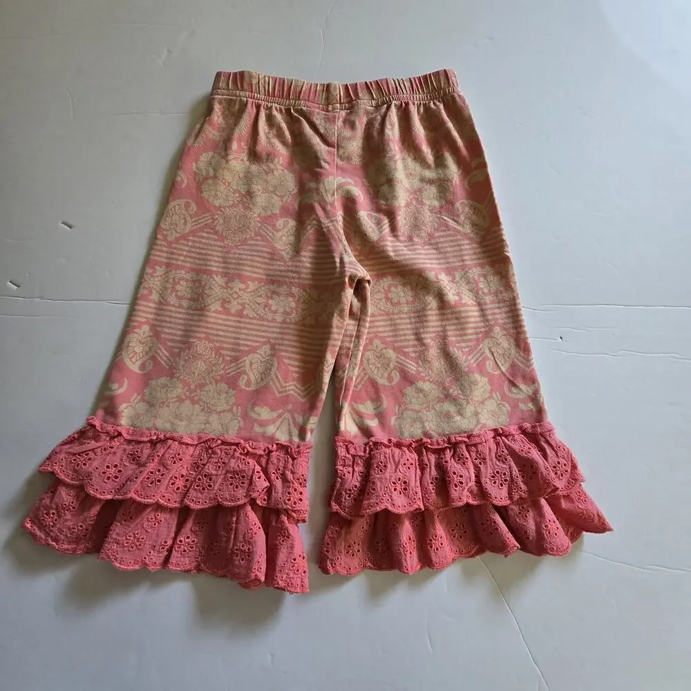 Matilda Jane Ruffled Capri Pants Girls Sz 4 Elastic Pink Coral Tan Lace‎ Whimsy